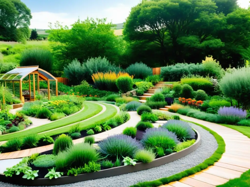 Jardín de permacultura con técnicas Feng Shui, caminos de piedra y frutas y verduras vibrantes en camas elevadas