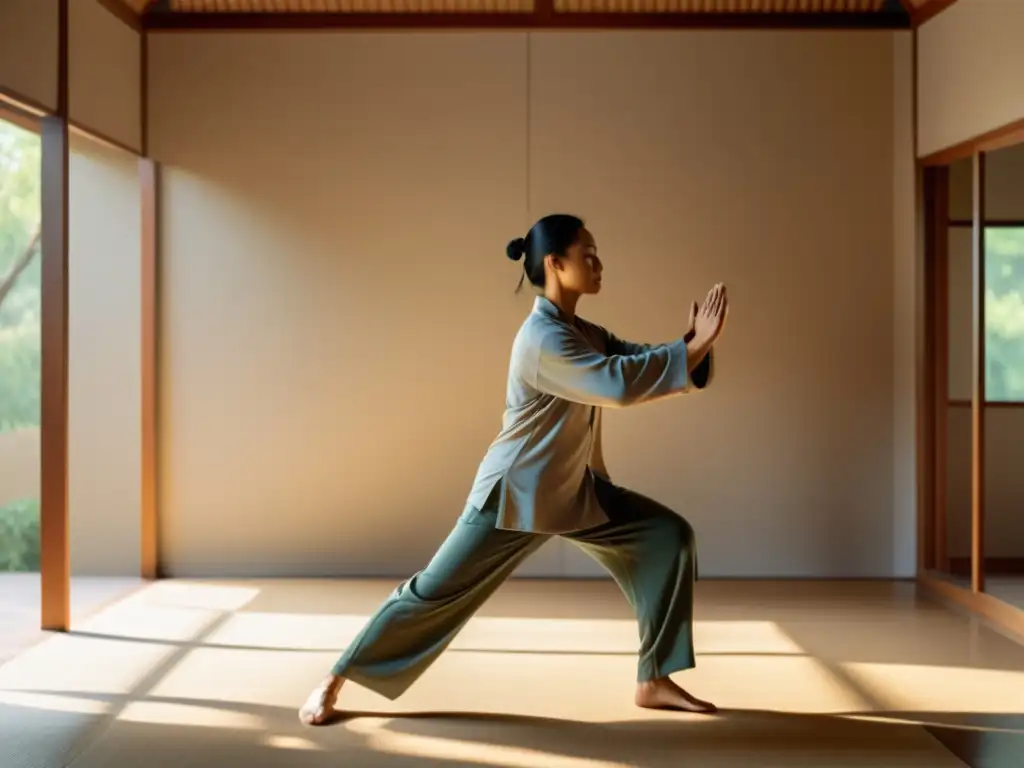 Persona practicando Tai Chi en un espacio sereno y luminoso, creando una atmósfera de paz interior en casa con Tai Chi