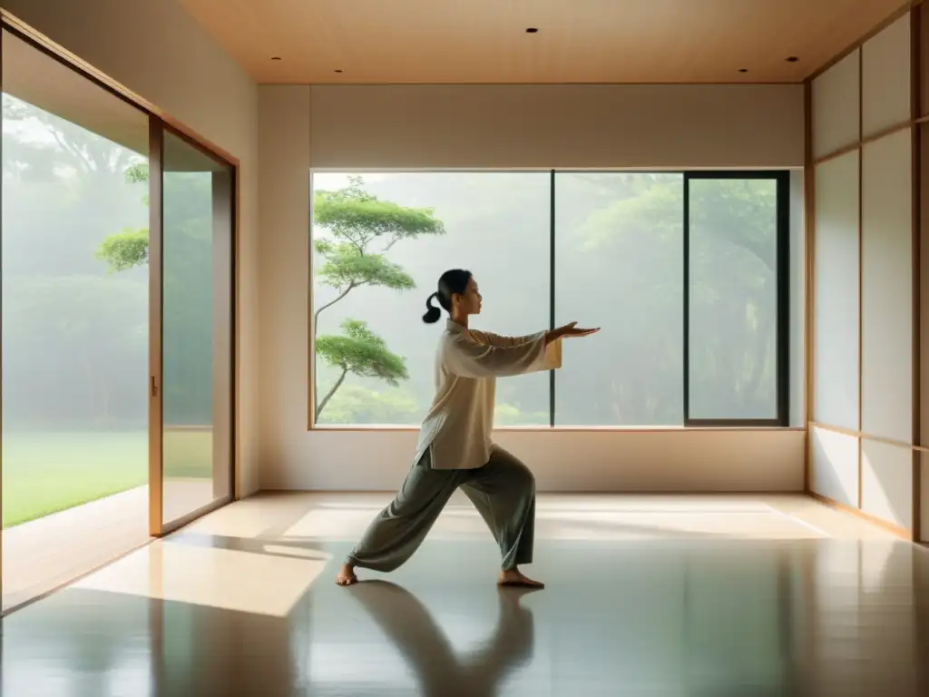 Persona practicando Tai Chi en un salón minimalista con luz natural, transmitiendo paz interior en casa con Tai Chi