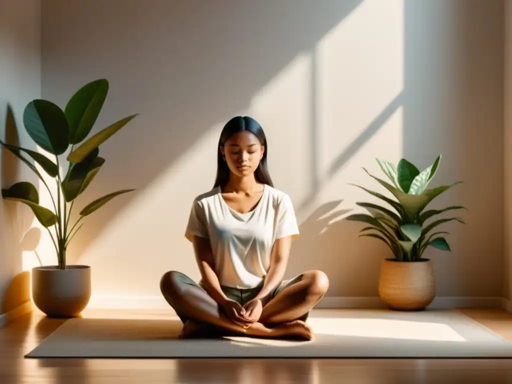 Una persona en meditación, en un espacio minimalista con elementos naturales, transmitiendo calma y tranquilidad