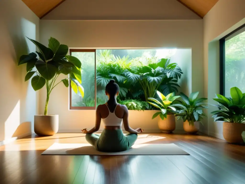 Persona meditando en un espacio tranquilo y soleado rodeado de plantas verdes