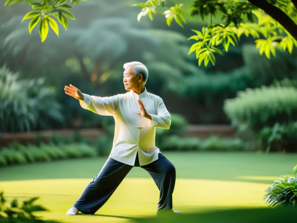 Una persona mayor practicando Tai Chi en un jardín sereno, rodeada de exuberante vegetación y la suave luz del sol de la mañana