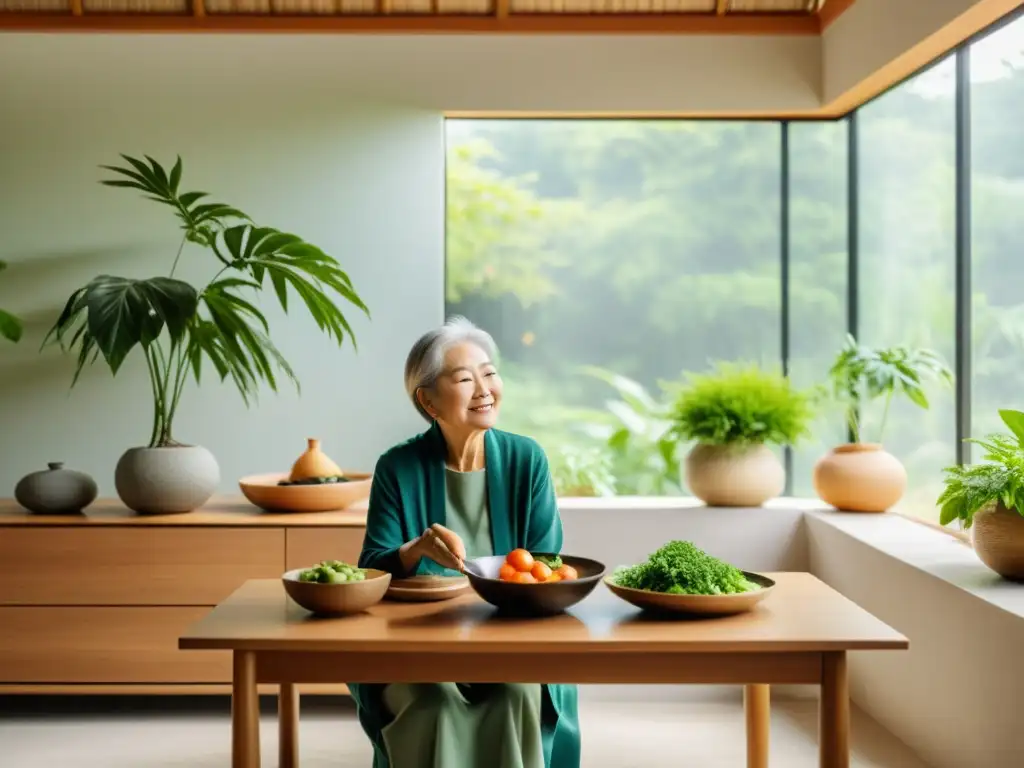 Persona mayor disfrutando de una comida equilibrada en un ambiente armonioso con Feng Shui dieta adulto mayor