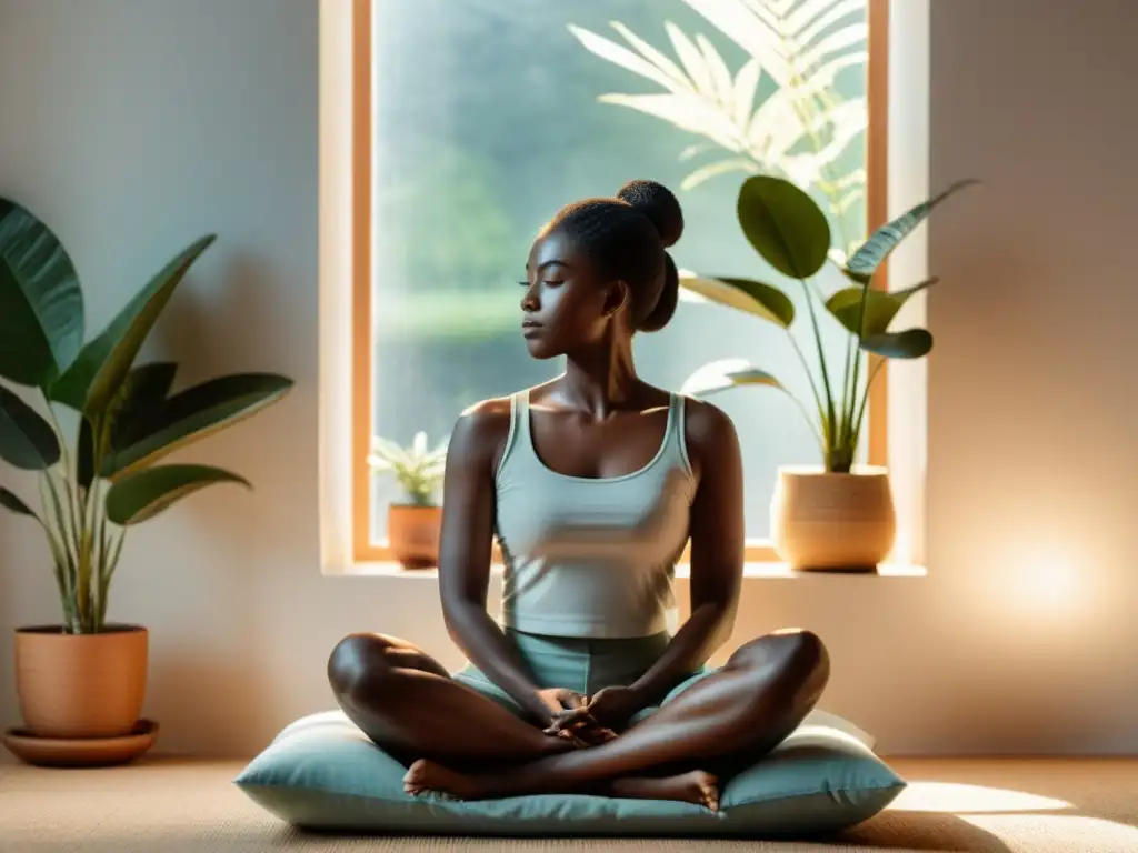 Persona en postura de meditación para energía positiva, ambiente sereno y equilibrado