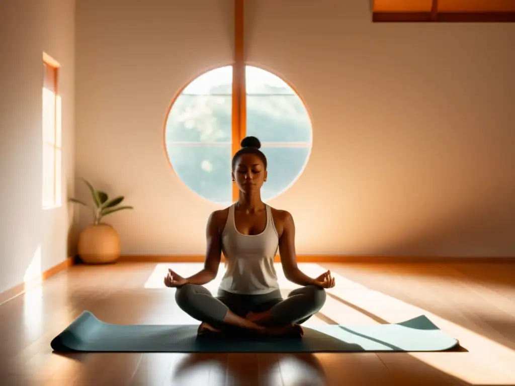 Persona en postura de meditación, iluminada por la luz matutina