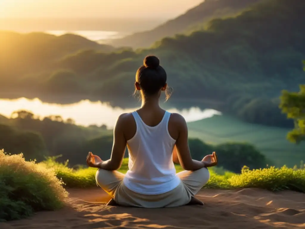 Persona meditando al amanecer, rodeada de luz cálida y naturaleza tranquila, generando energía positiva