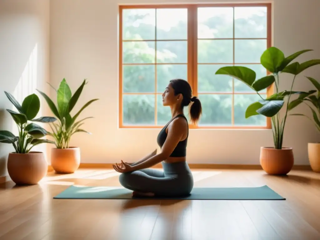 Persona practicando yoga en un espacio luminoso y sereno, rodeada de plantas