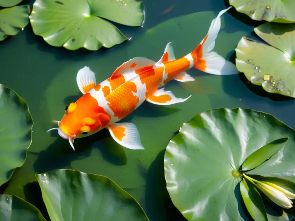 Un pez koi naranja y blanco nada elegante en un estanque tranquilo rodeado de lirios verdes y flores coloridas, significado pez koi feng shui