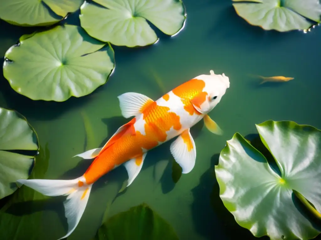 Un pez koi naranja y blanco nada grácilmente entre lirios verdes en un estanque cristalino, creando armonía y tranquilidad