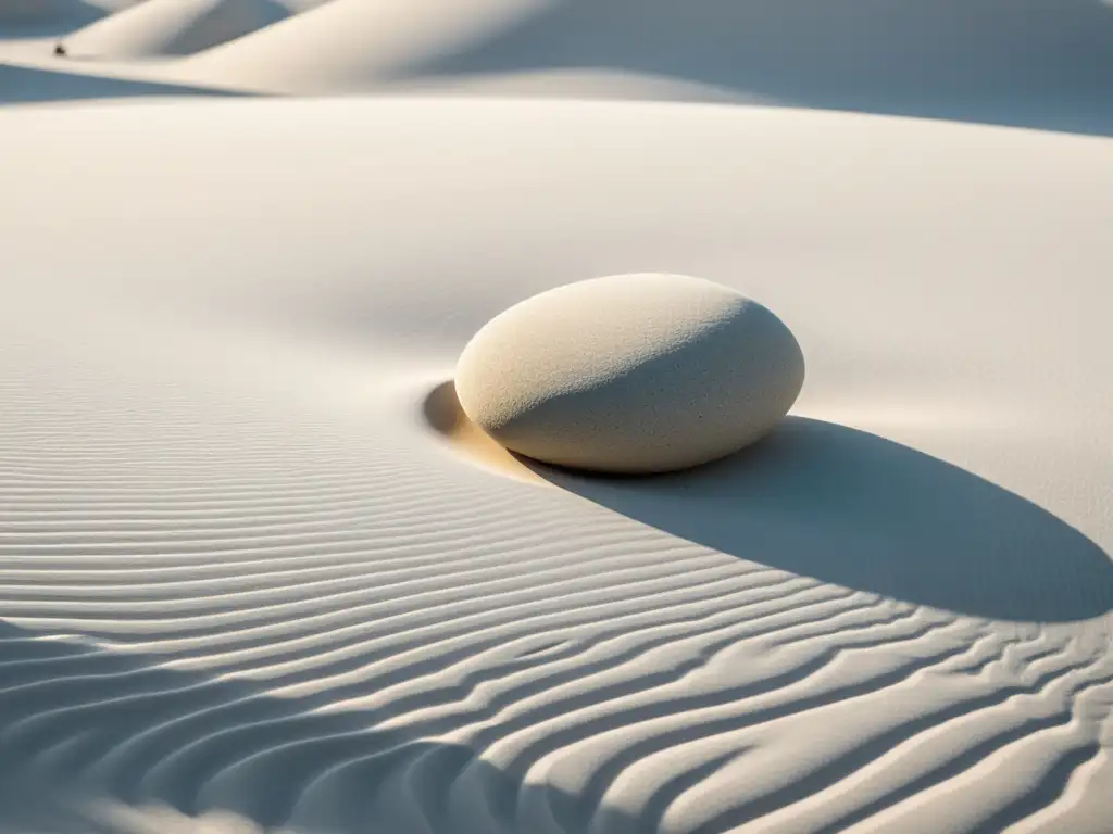 Una piedra de río suave reposa sobre arena blanca fina, iluminada por luz natural