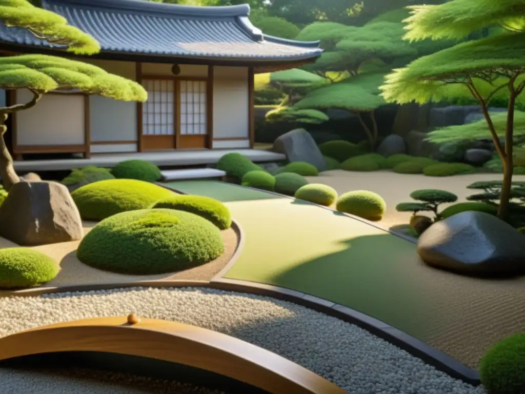 Jardín Zen con piedras, puente y casa de té japonesa, evocando los Principios básicos del Feng Shui en un ambiente sereno y equilibrado