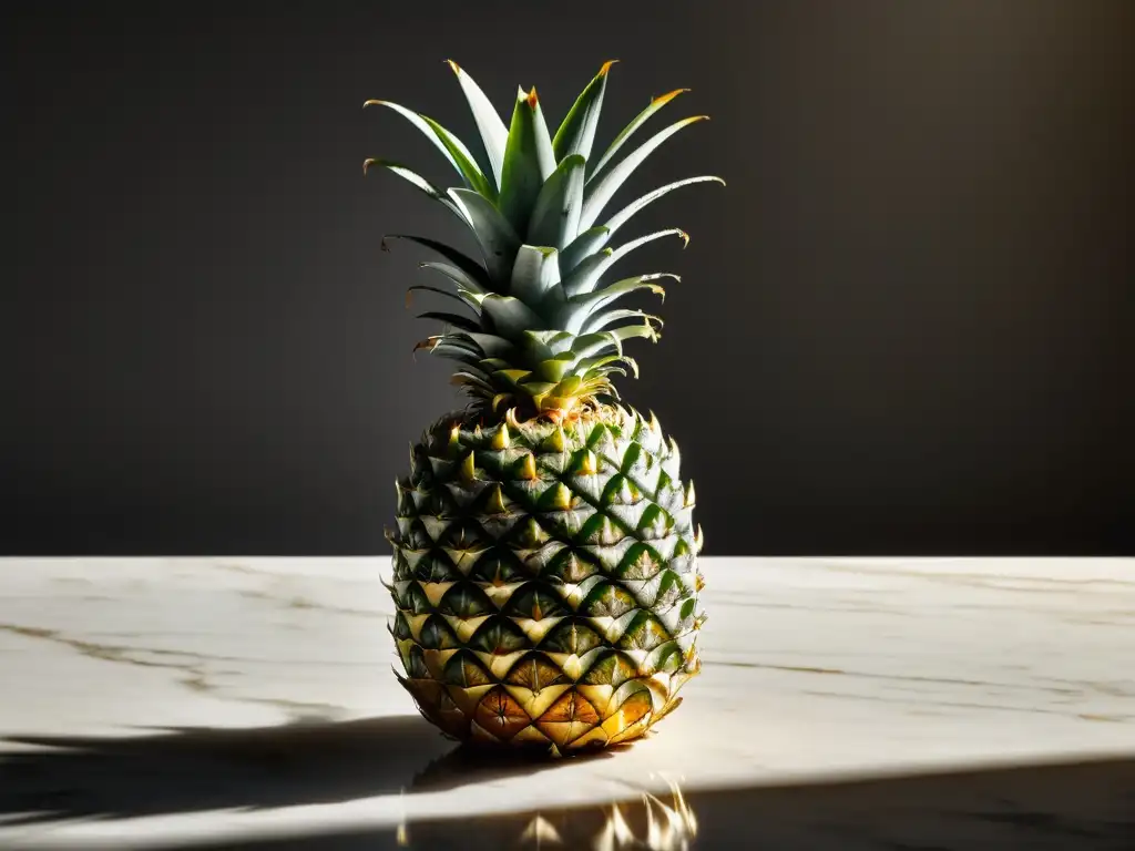 Una piña dorada descansa sobre una mesa de mármol, bañada en cálida luz