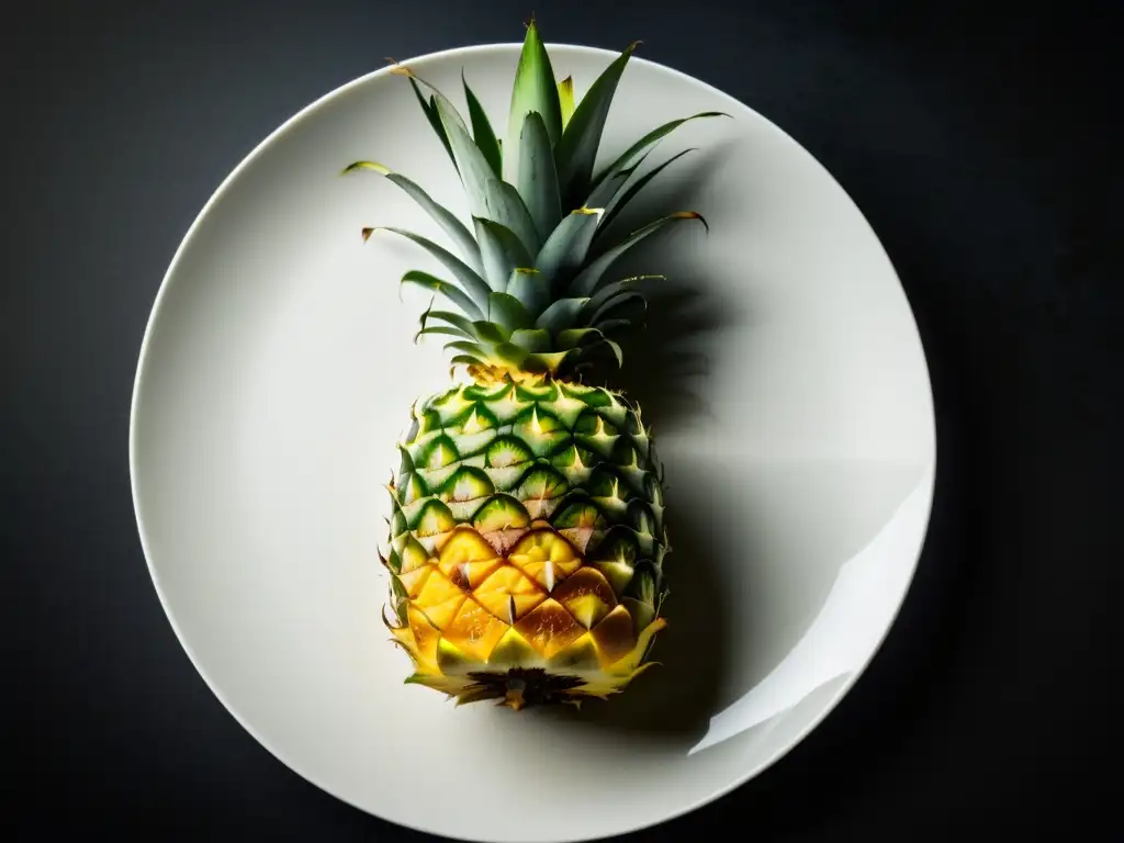 Una piña madura en un plato blanco sobre fondo oscuro