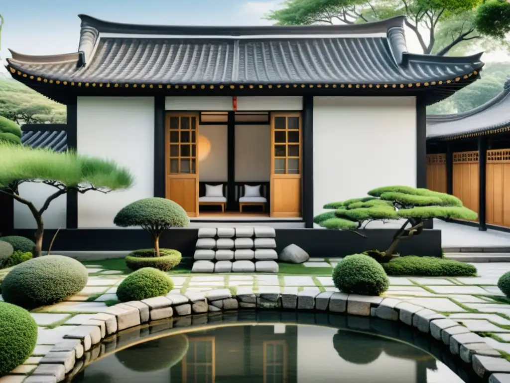 Una pintura en tinta china en blanco y negro de una casa tradicional china con influencia del Feng Shui en arquitectura