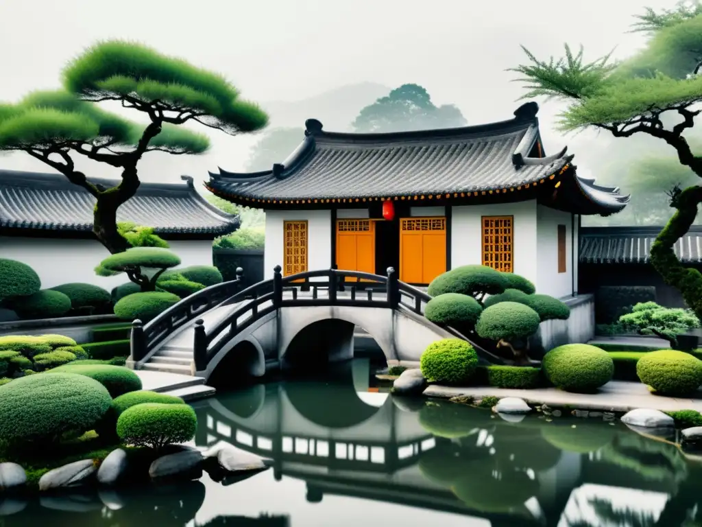 Una pintura en tinta negra y blanca de una casa de patio tradicional china con jardines cuidados, un estanque tranquilo y un puente elegante