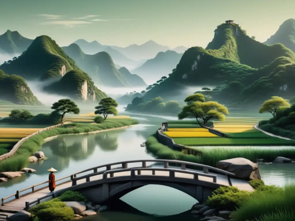 Una pintura tradicional china muestra un paisaje sereno con montañas, río y figura solitaria en un puente, evocando armonía y equilibrio en Feng Shui estrategias generales guerra