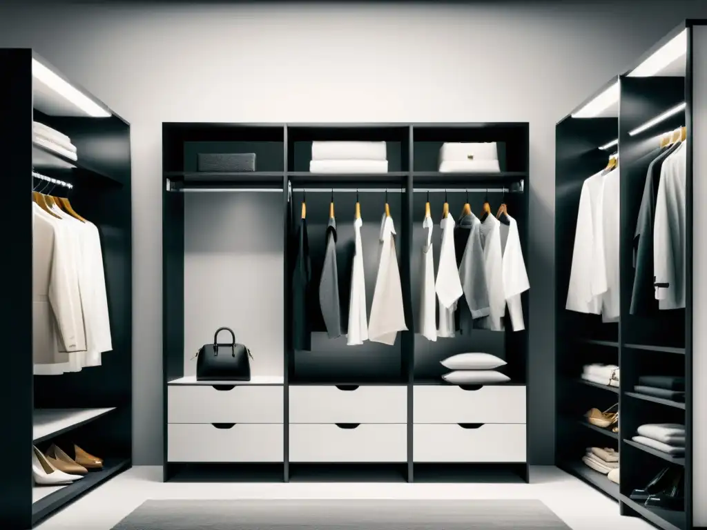 Un placentero vestidor de estilo minimalista en blanco y negro, con ropa, zapatos y accesorios ordenados