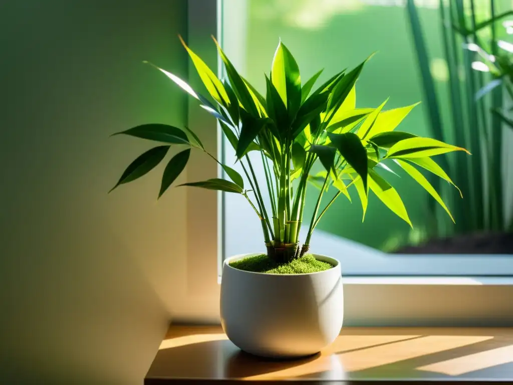 Una planta de bambú verde exuberante en un rincón soleado de una habitación moderna y serena, ideal para armonía Feng Shui con plantas curativas