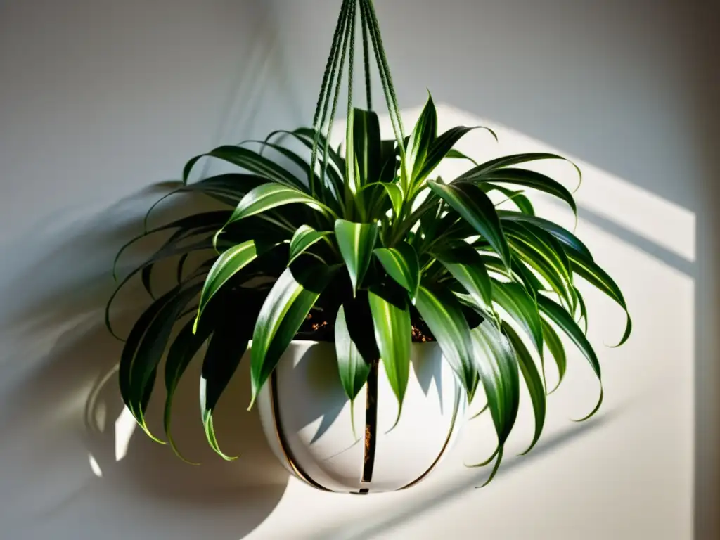 Planta colgante armoniosa con hojas variegadas en macramé, creando un ambiente sereno y armonioso