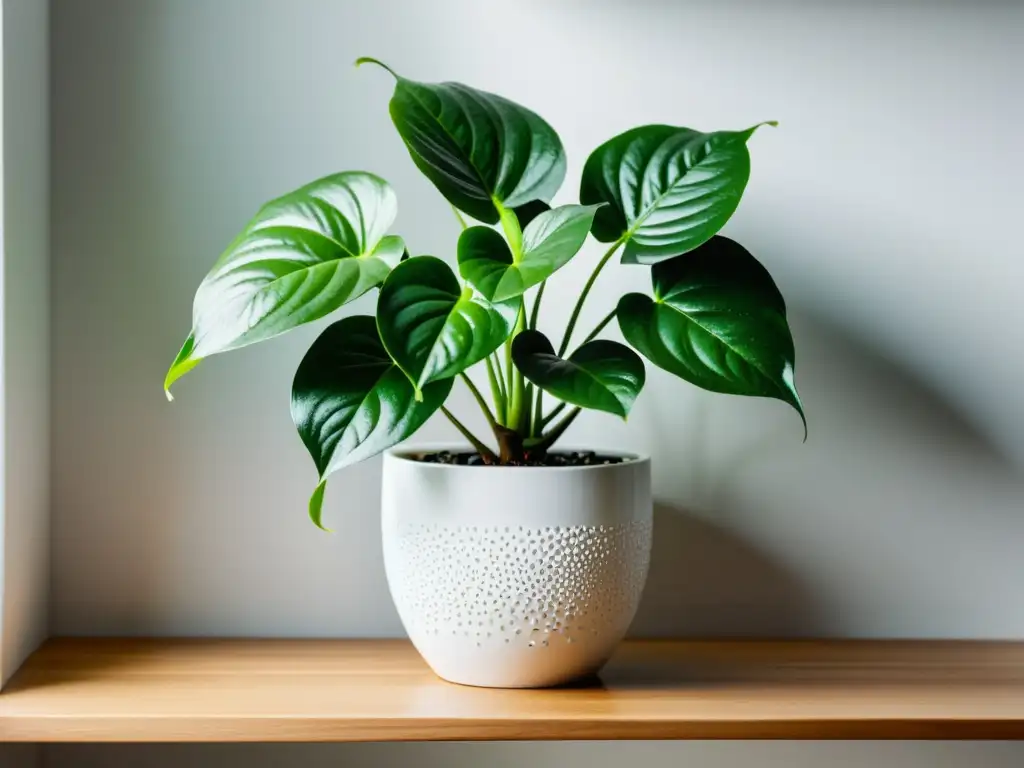 Planta de dinero con hojas vibrantes en maceta blanca en estante de madera, creando armonía y prosperidad en el Feng Shui