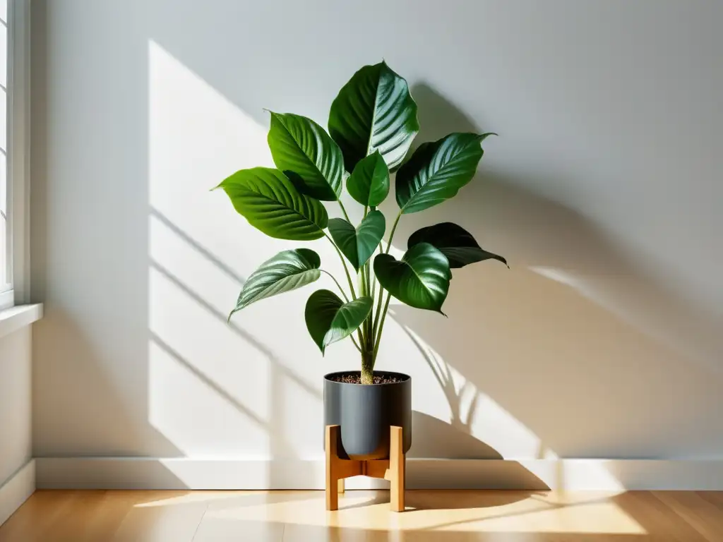 'Planta para armonizar Feng Shui: exuberante planta verde en soporte de madera, iluminada por luz natural contra pared blanca