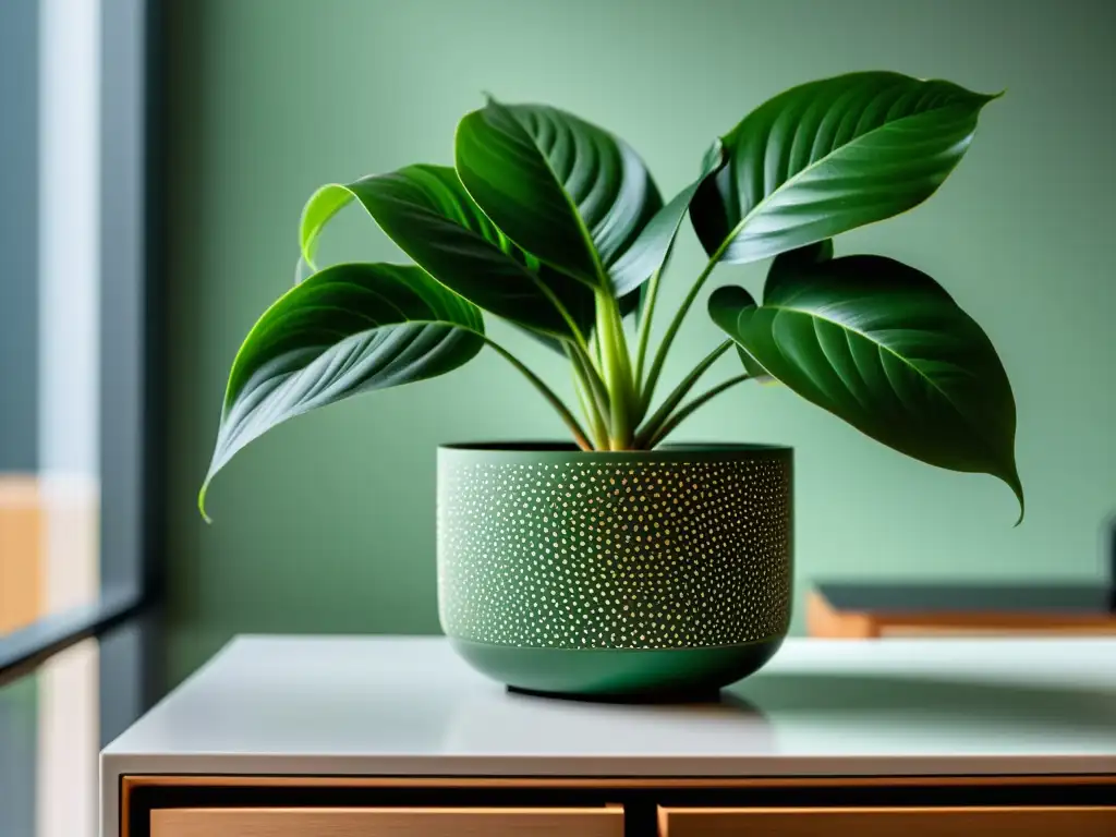 Una planta de interior exuberante y saludable en maceta moderna, en un escritorio minimalista