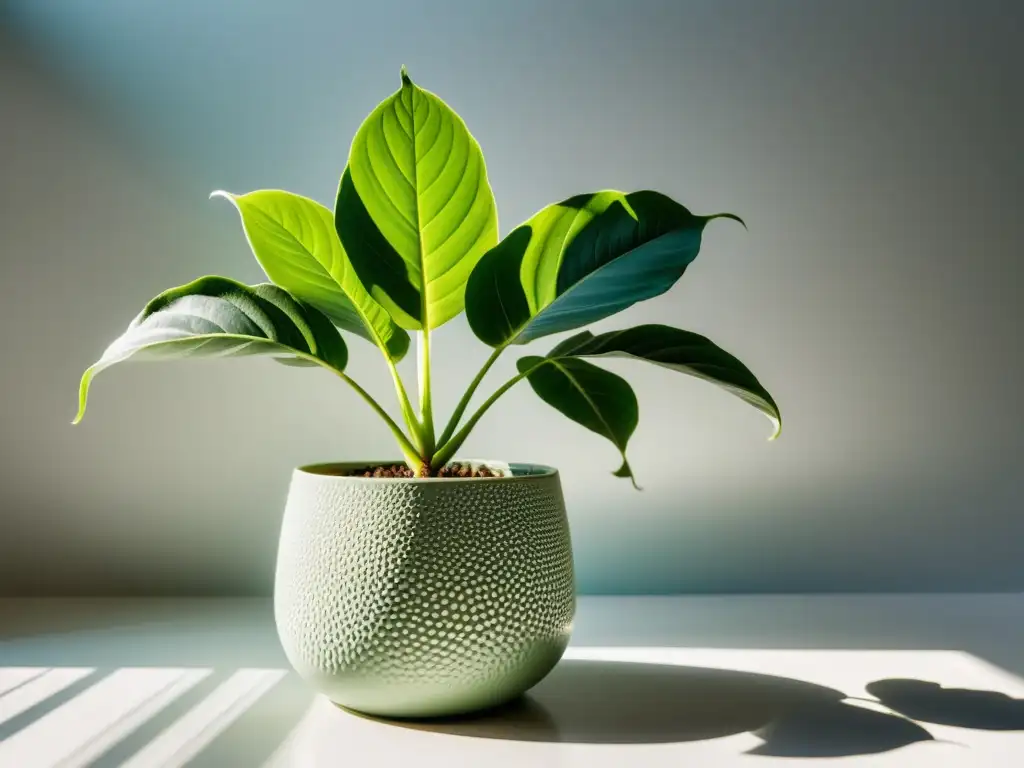 Una planta de interior exuberante y serena en una mesa blanca, iluminada por luz natural