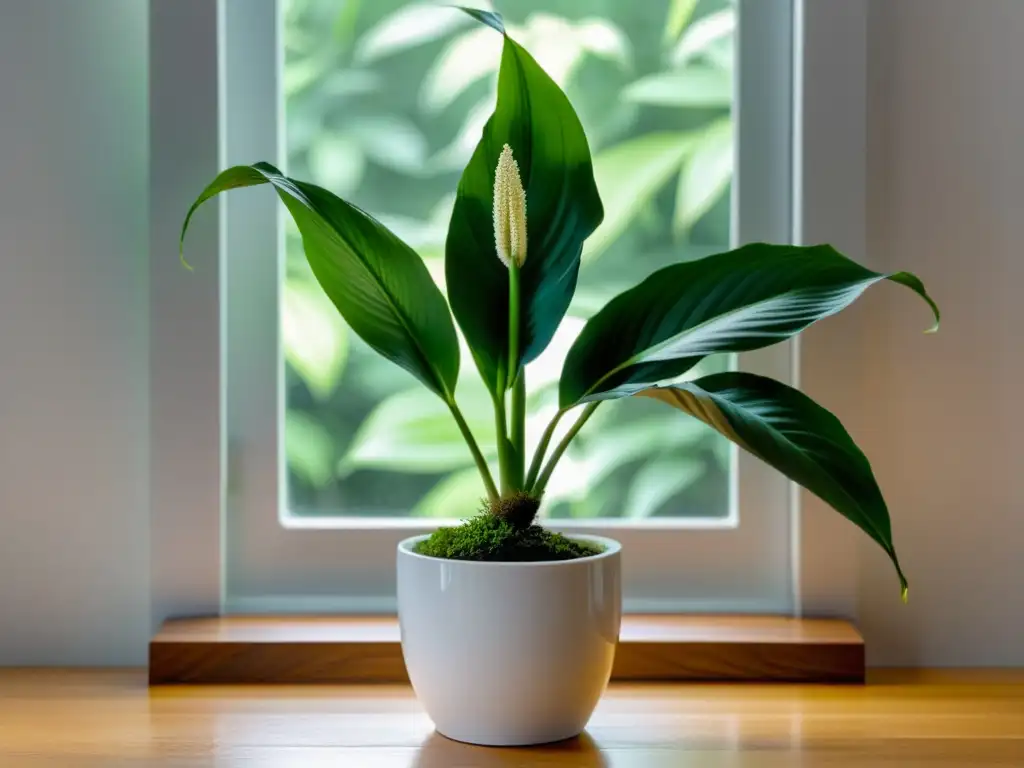 Una planta de lirio de la paz en un elegante y minimalista entorno, perfecta para potenciar el Chi