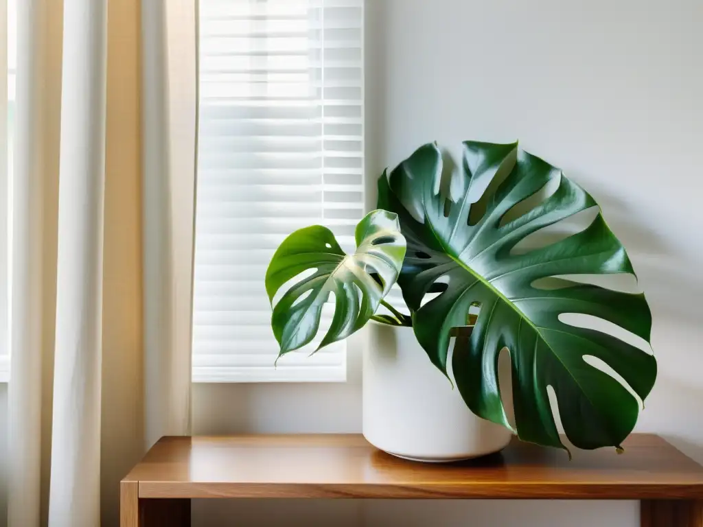 Una planta de monstera en maceta blanca, iluminada por luz natural en un espacio minimalista y armonioso inspirado en el Feng Shui