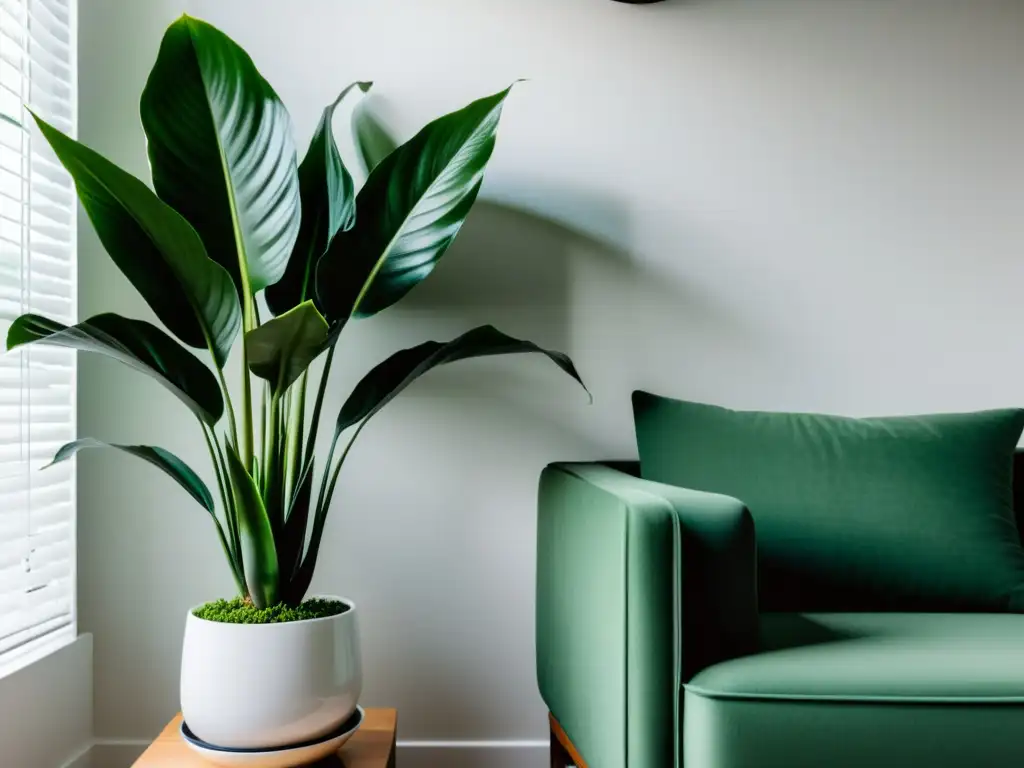 Un rincón zen con una planta purificadora de energía positiva en un elegante salón blanco