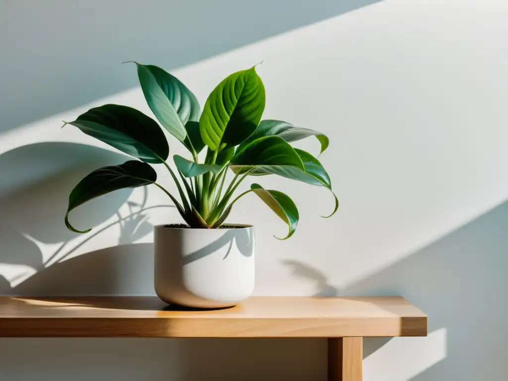 Una planta verde exuberante en estante de madera frente a una pared blanca