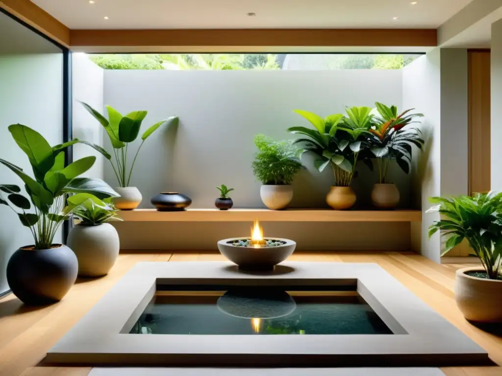 Jardín interior Feng Shui con plantas: armonía y serenidad en un espacio minimalista y equilibrado, bañado por luz natural difusa