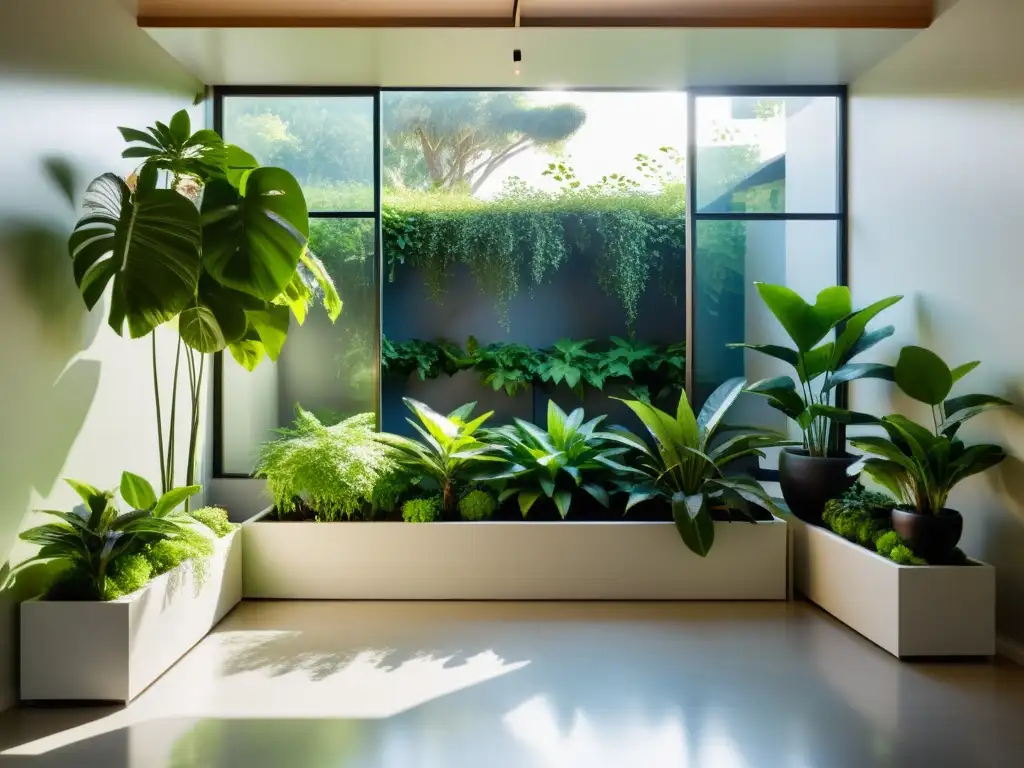 Un jardín interior Feng Shui con plantas, bañado por luz natural, transmite serenidad y equilibrio en un espacio minimalista