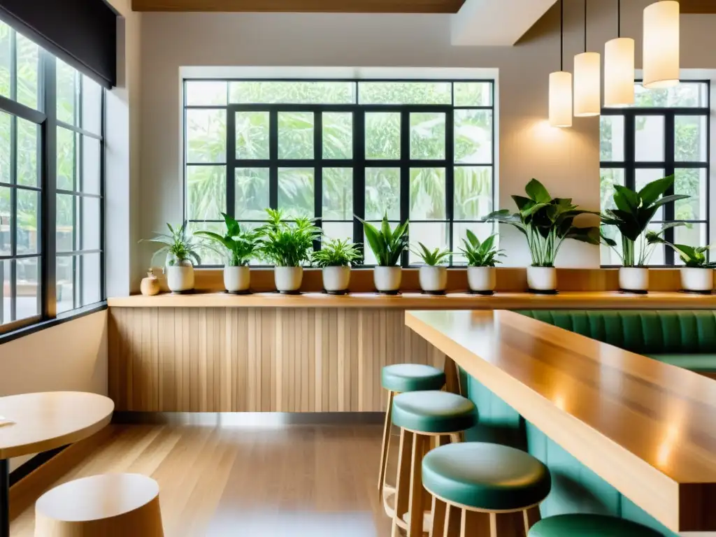 Interior de café minimalista con Feng Shui Hermosa decoración de plantas Feng Shui en un café minimalista, creando un ambiente tranquilo y equilibrado