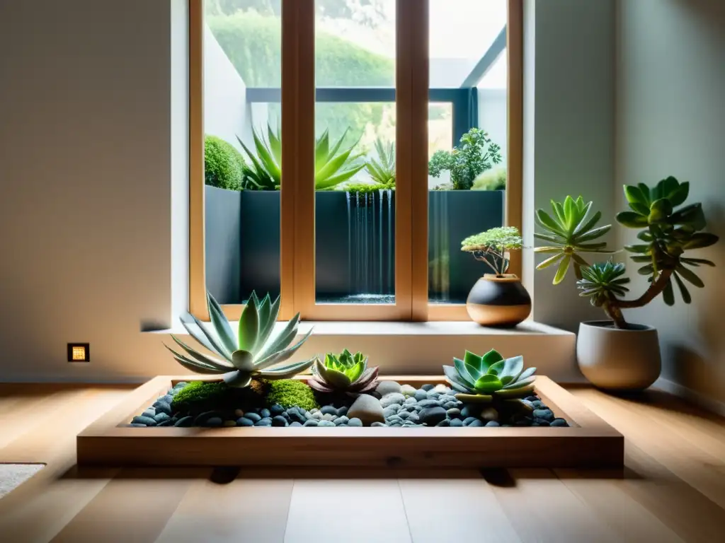 Jardín interior zen con plantas para armonizar Feng Shui, suculentas y elementos naturales, bañado por luz suave