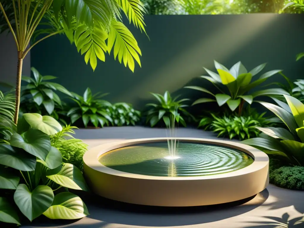 Plantas para potenciar energía positiva: un oasis sereno con agua y plantas verdes, bañado por la suave luz del sol