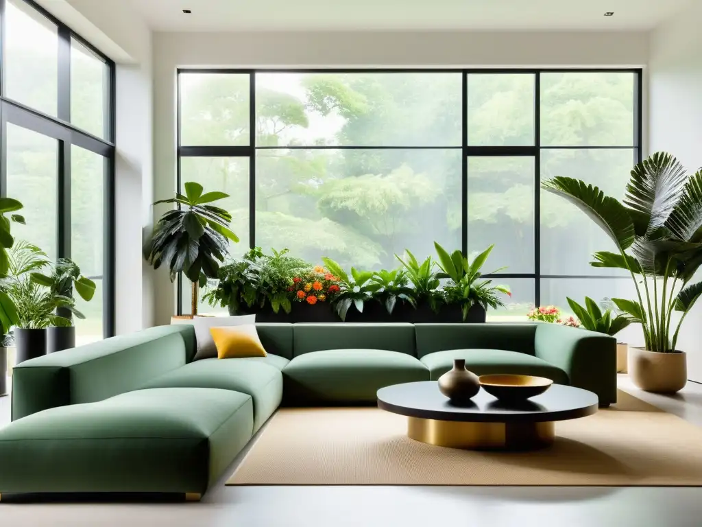 Armonía Feng Shui con plantas y flores en un espacio interior sereno y minimalista