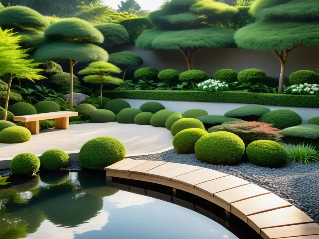 Jardín Zen con plantas perennes cuidadosamente arregladas en un diseño armonioso para el Feng Shui