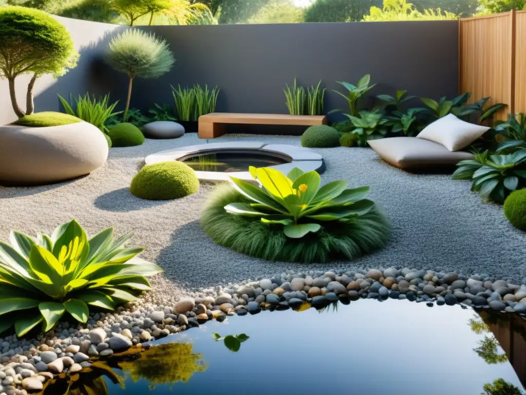 Jardín Feng Shui con plantas y rocas armoniosamente colocadas, emanando tranquilidad y equilibrio