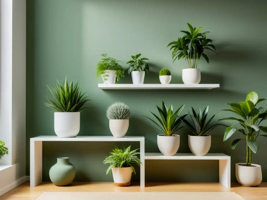 Jardín interior Feng Shui con plantas: Sereno jardín interior minimalista con plantas cuidadosamente dispuestas en estantes blancos