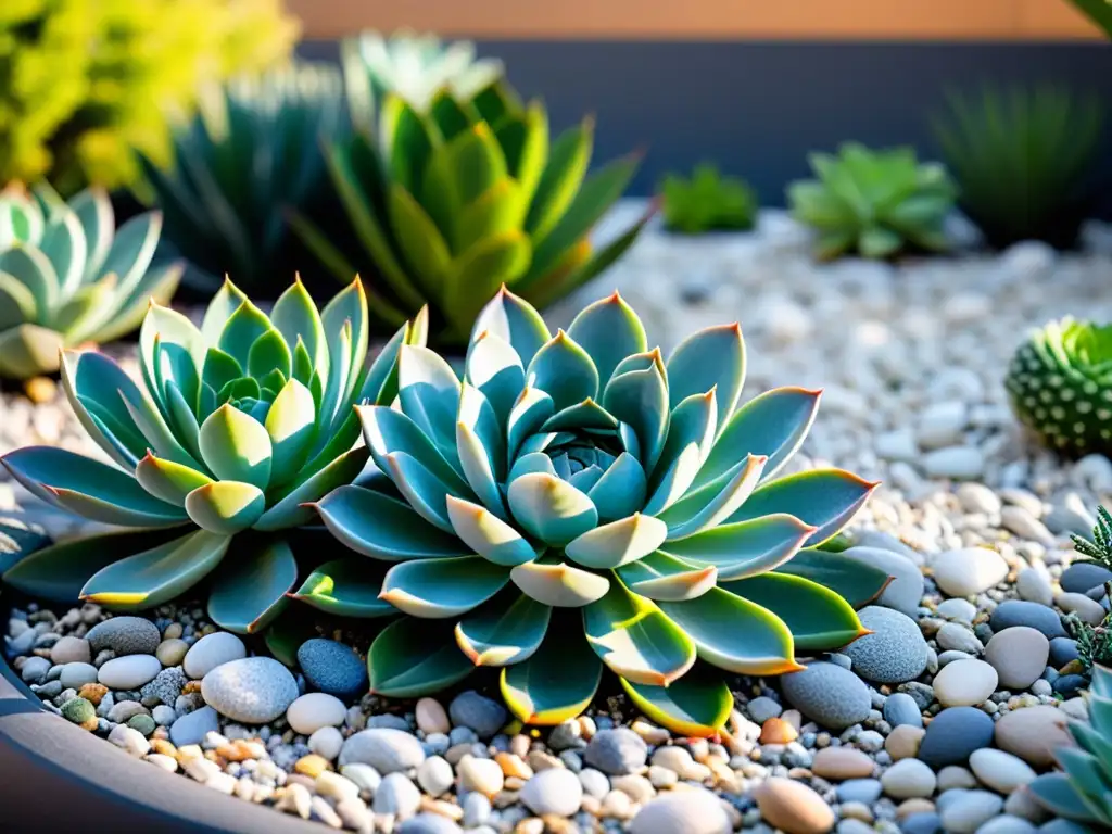 Jardín Feng Shui con plantas suculentas en armoniosa serenidad