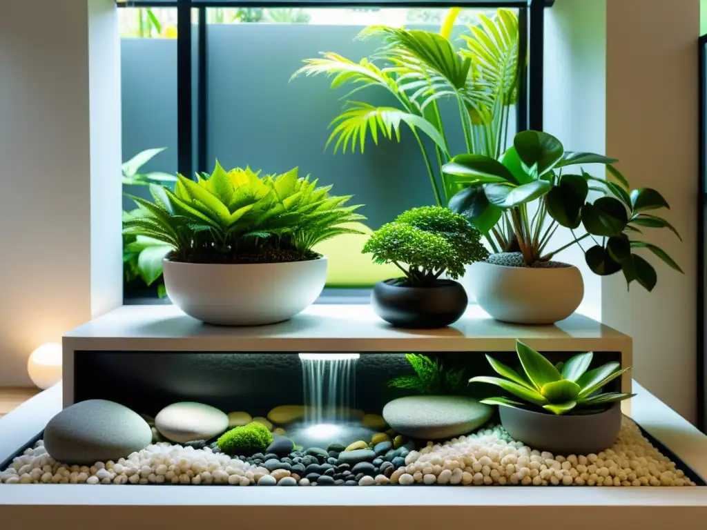 Un jardín interior Feng Shui con plantas vibrantes, piedras y agua, crea armonía natural y diseño moderno