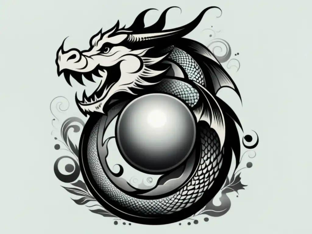 Un poderoso dragón negro y blanco rodea una perla brillante, simbolizando el significado dragones Feng Shui hogar