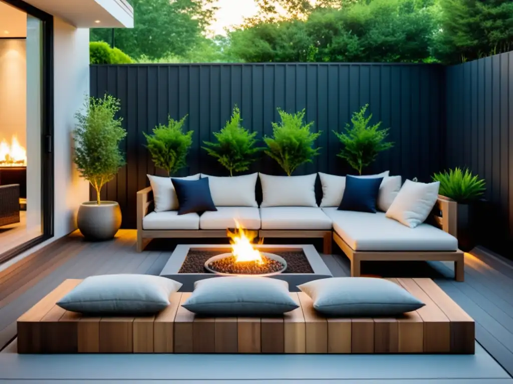 Posicionamiento muebles patio terraza Feng Shui: Acogedor patio minimalista con mobiliario elegante y chimenea moderna, rodeado de vegetación