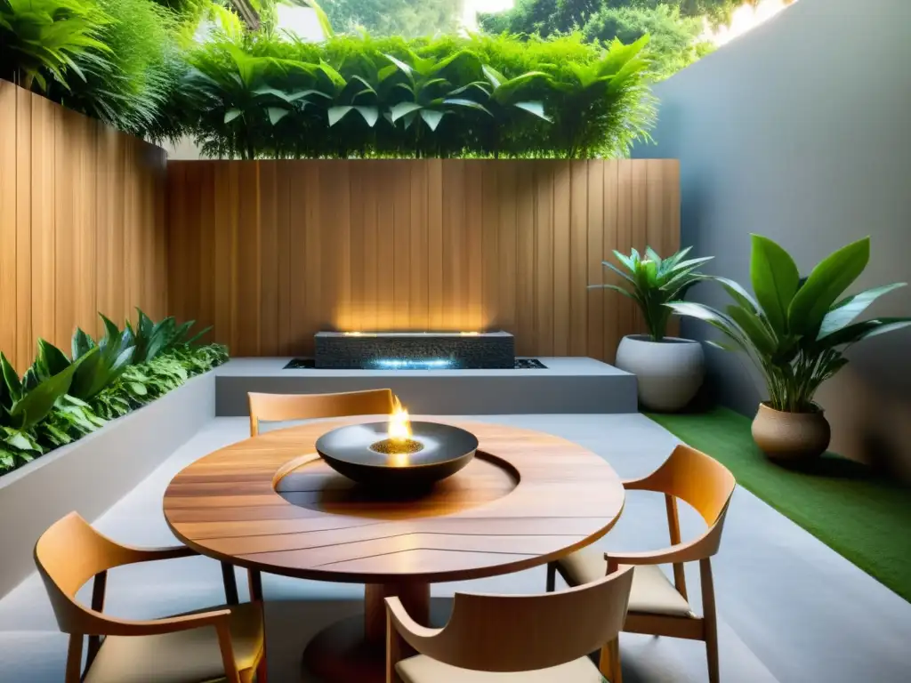 Posicionamiento de muebles en patio con armonía según Feng Shui, rodeado de plantas y luz suave, invita a relajarse