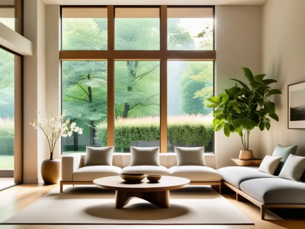 Decoración primaveral Feng Shui hogar: Salón minimalista con vistas a jardín en flor, líneas limpias y tonos neutros