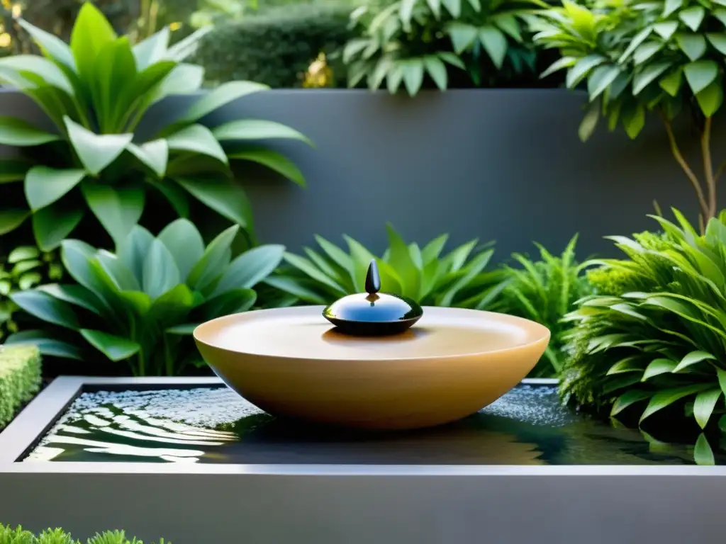 Escultura Feng Shui para prosperidad en el hogar: armonía y tranquilidad con fuente de agua y piedras pulidas en jardín cuidadosamente diseñado