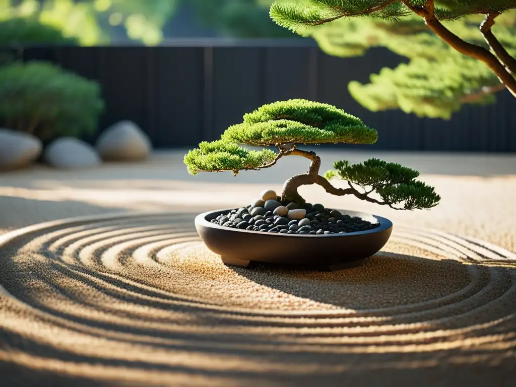 Fotografía para atraer prosperidad Feng Shui: Jardín Zen con bonsái, piedras y tranquilidad bajo la luz solar filtrada