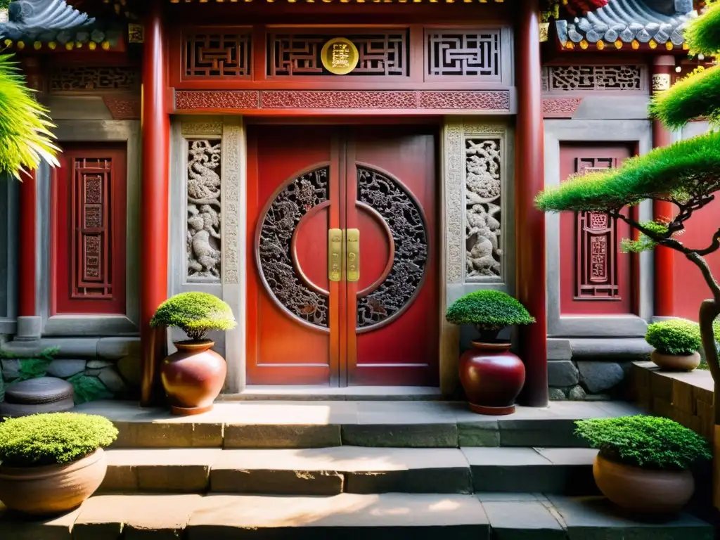 Portón chino tallado con símbolos tradicionales y luz solar Una puerta de madera tallada con símbolos chinos, rodeada de vegetación y bañada por la luz del sol