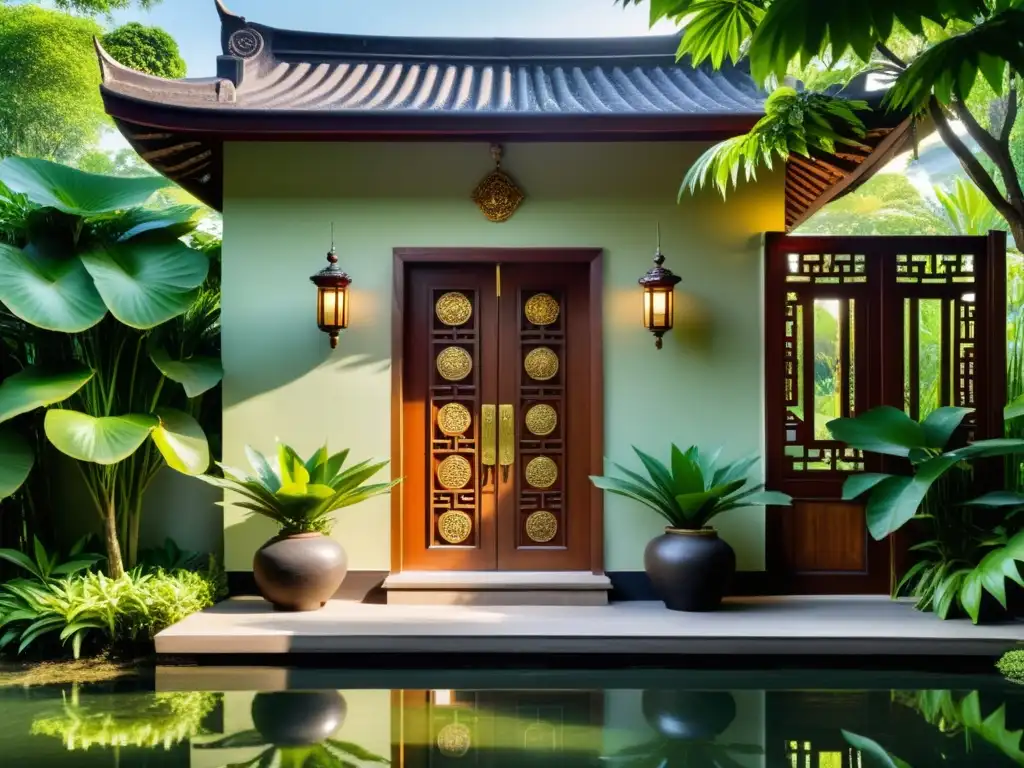 Una puerta de madera tallada con símbolos tradicionales vietnamitas y elementos de Feng Shui, en armonía con la naturaleza